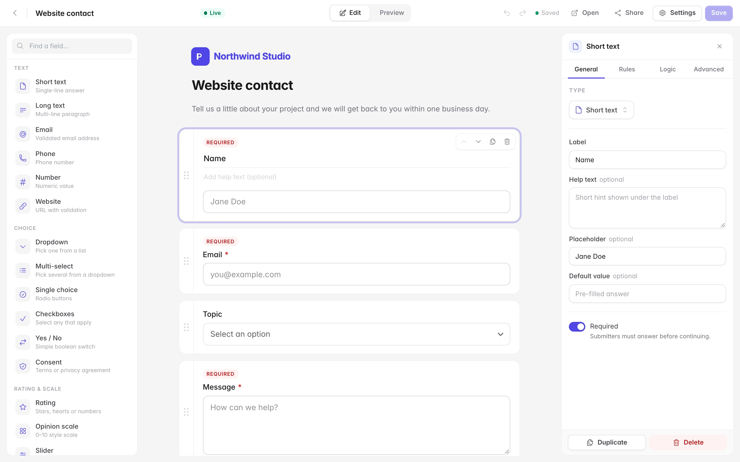 The form builder with a field palette, the canvas and the field inspector