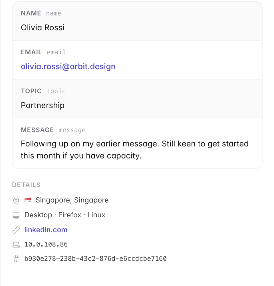 A response with the sender's location, device, browser and referrer