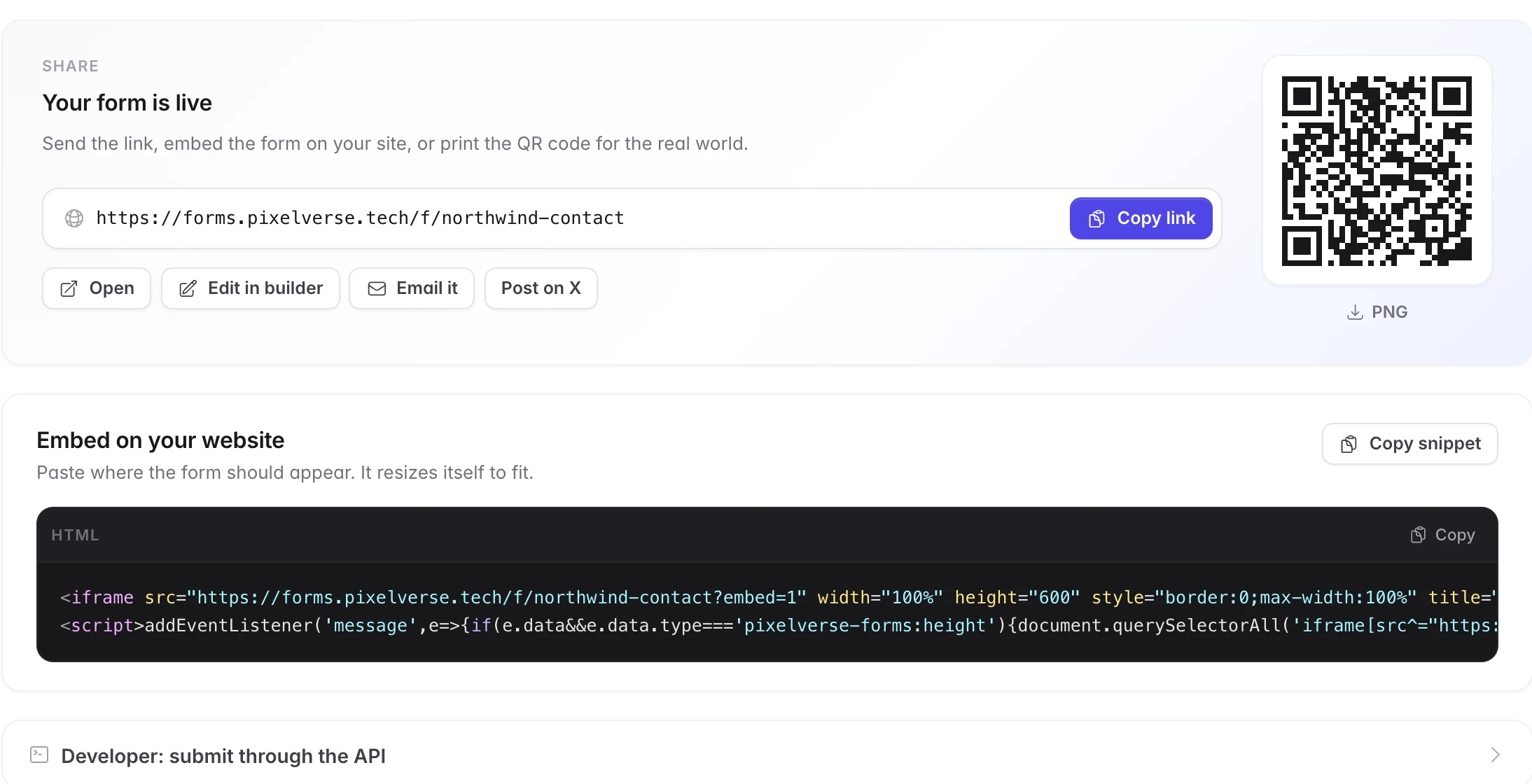 The share tab with the hosted link, embed snippet and endpoint
