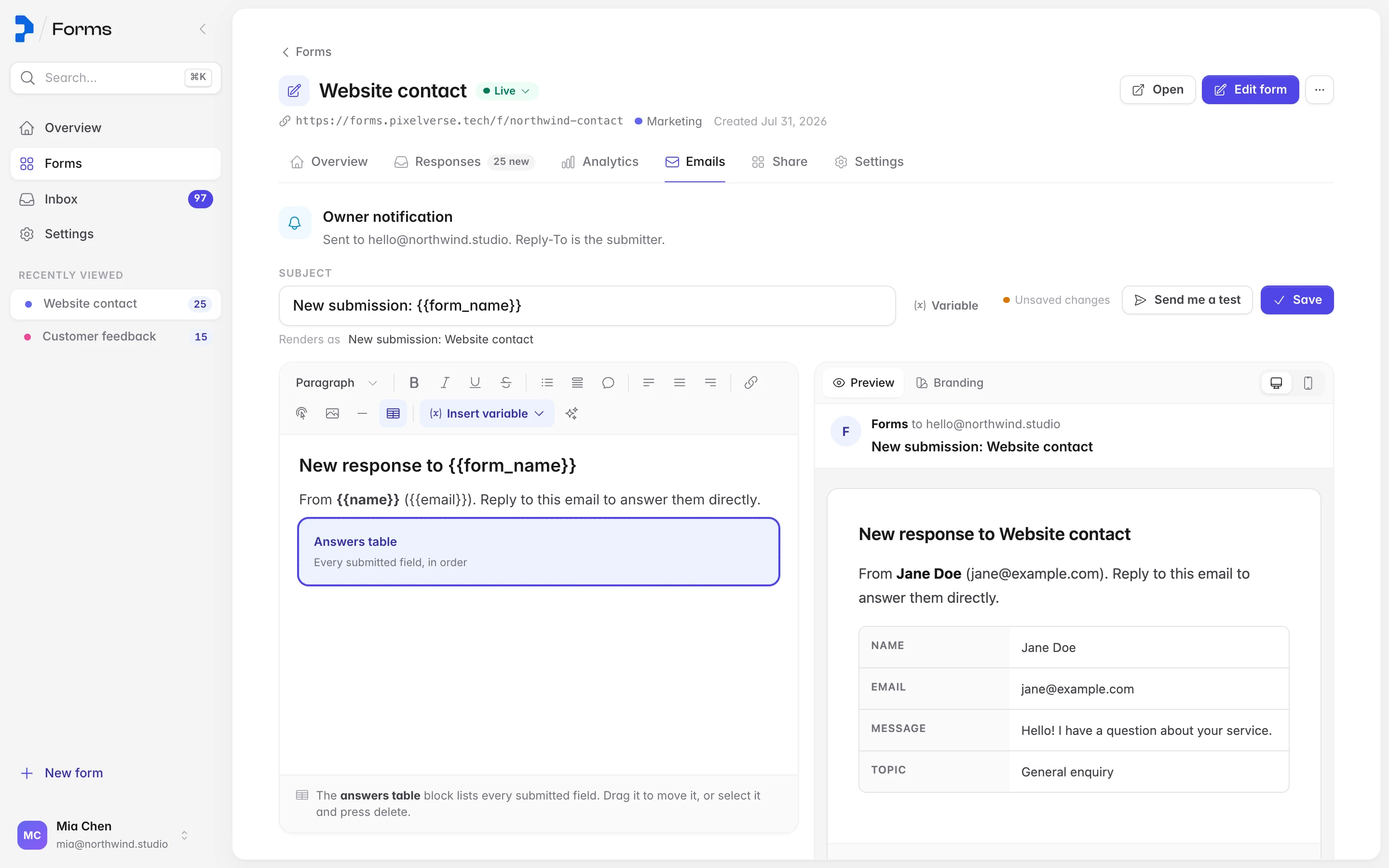 The email editor with a live preview