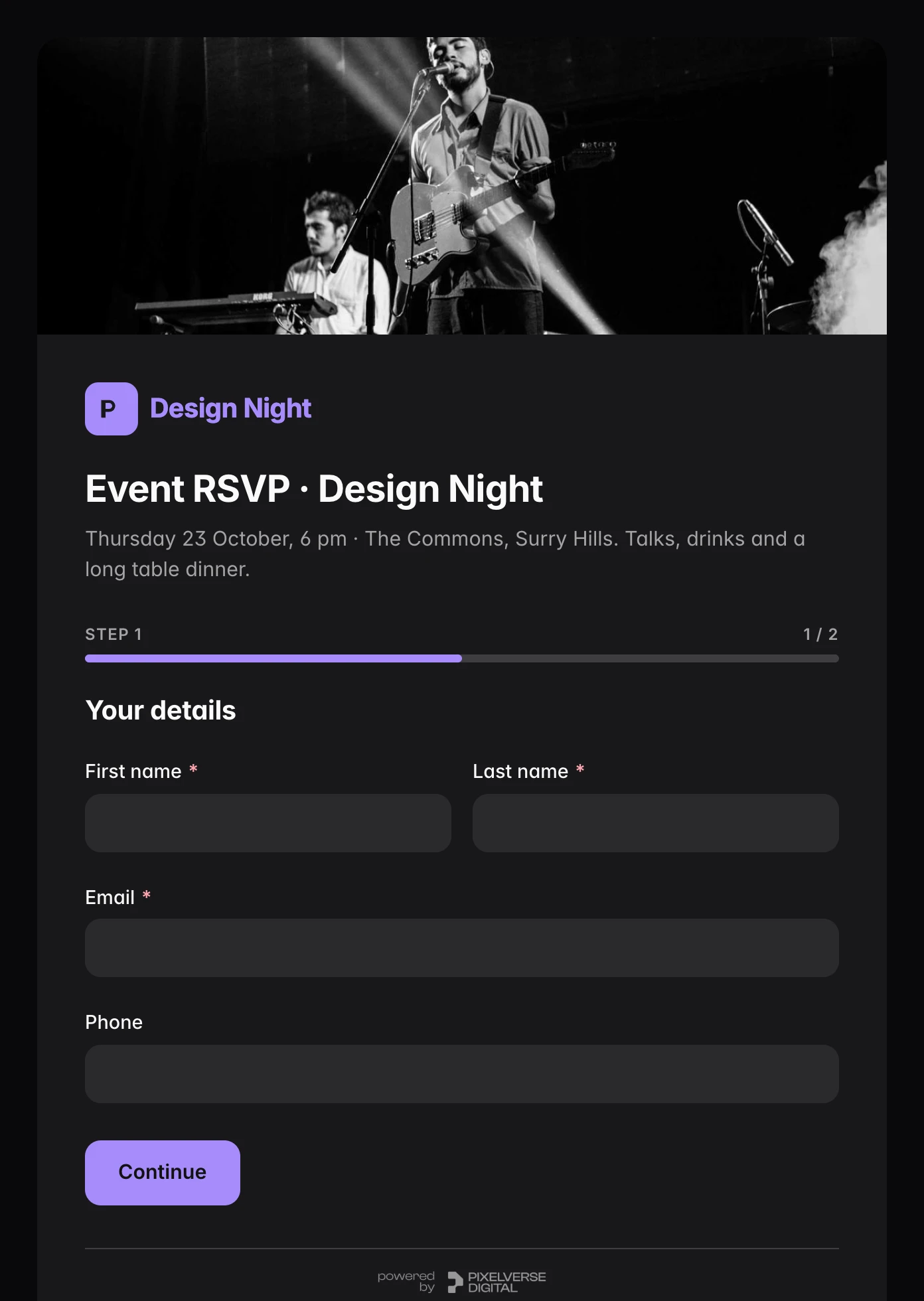 A two-step event RSVP form in the Midnight theme with a cover photo and logo