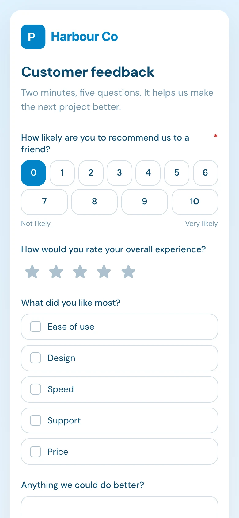 A customer feedback form in the Ocean theme on a phone, with an NPS scale and star rating