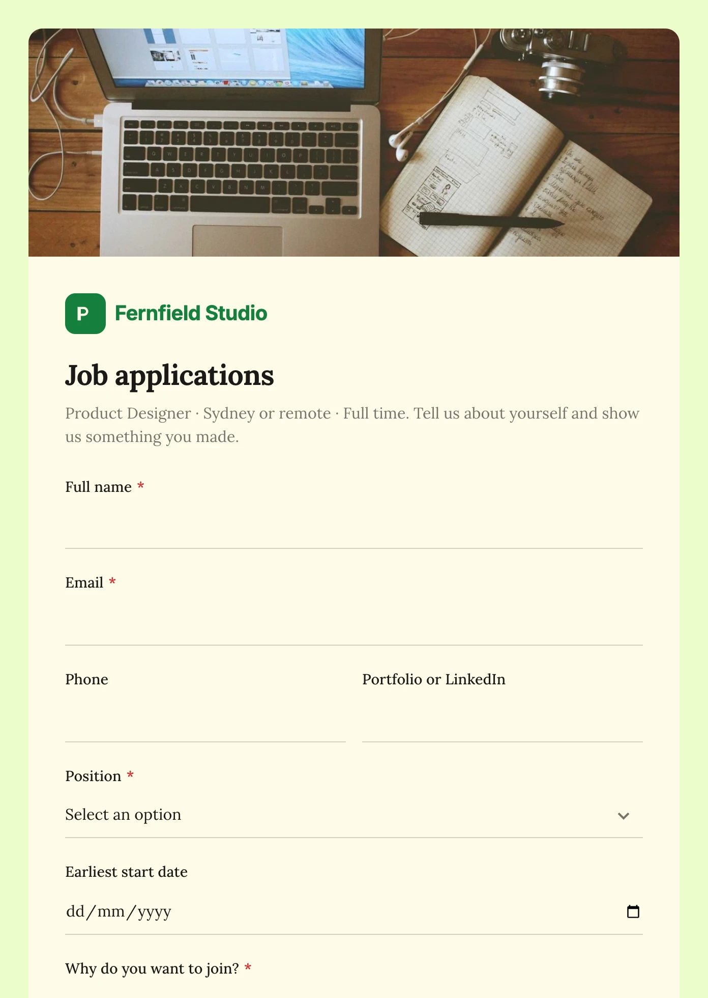 A job application form in the Forest theme with a cover photo and a serif typeface