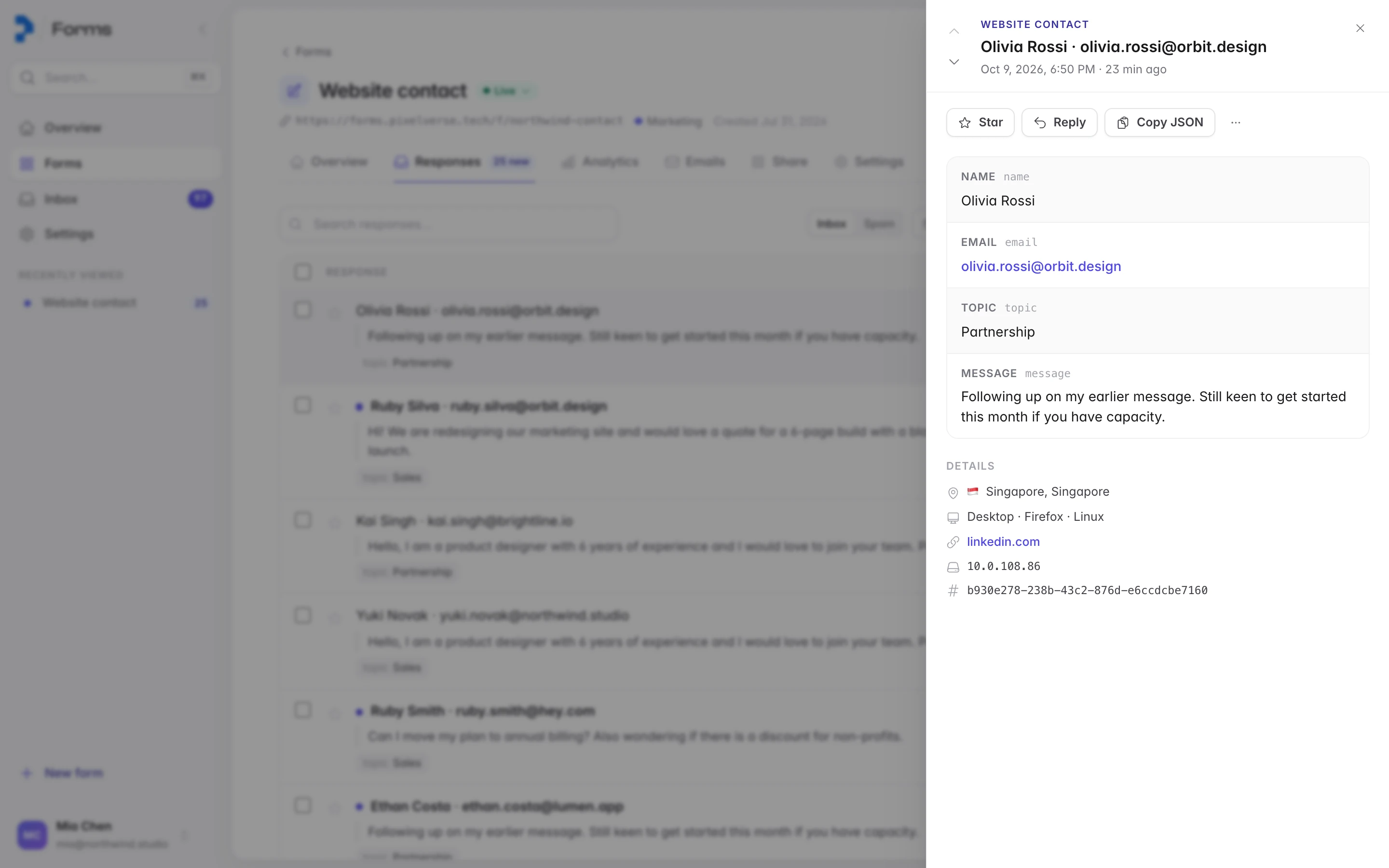 A response opened from the inbox with every answer and the sender details